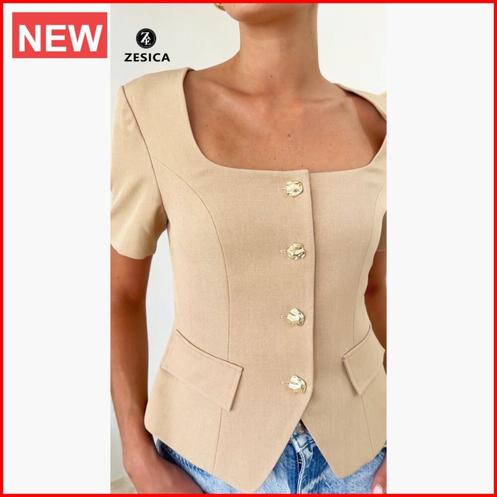 Polyester Elastane Square Neck Short Sleeve Blaze… - image 7